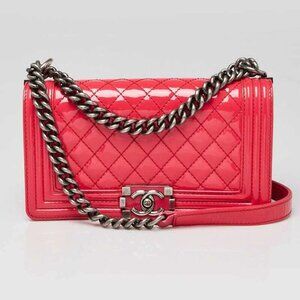 Chanel Bright Pink Quilted Patent Leather Medium Boy Bag